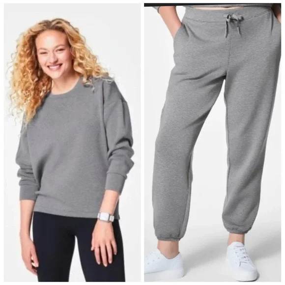SPANX Air Essentials 2 piece set sweatshirt top 1X and jogger pants 2X gray EUC - Picture 1 of 16